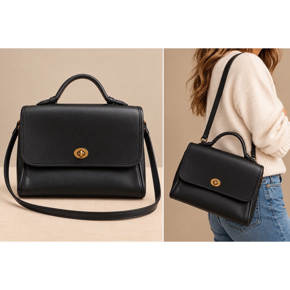 Coach Women Handbag Black Leather 9870 Vintage Court Bag Brass Turnlock Bag